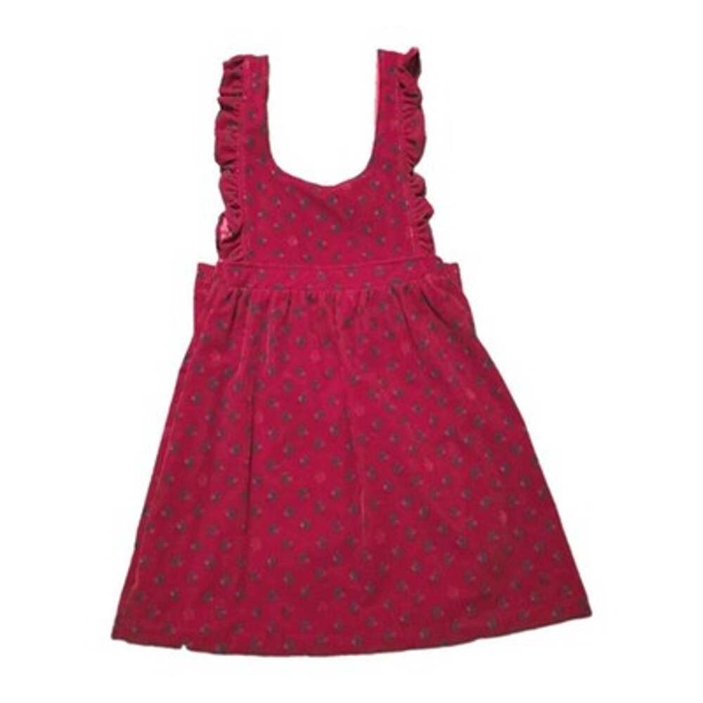 Vintage Girls Velvet Apron Dress Size 10 Red Paisley Ruffle 70s